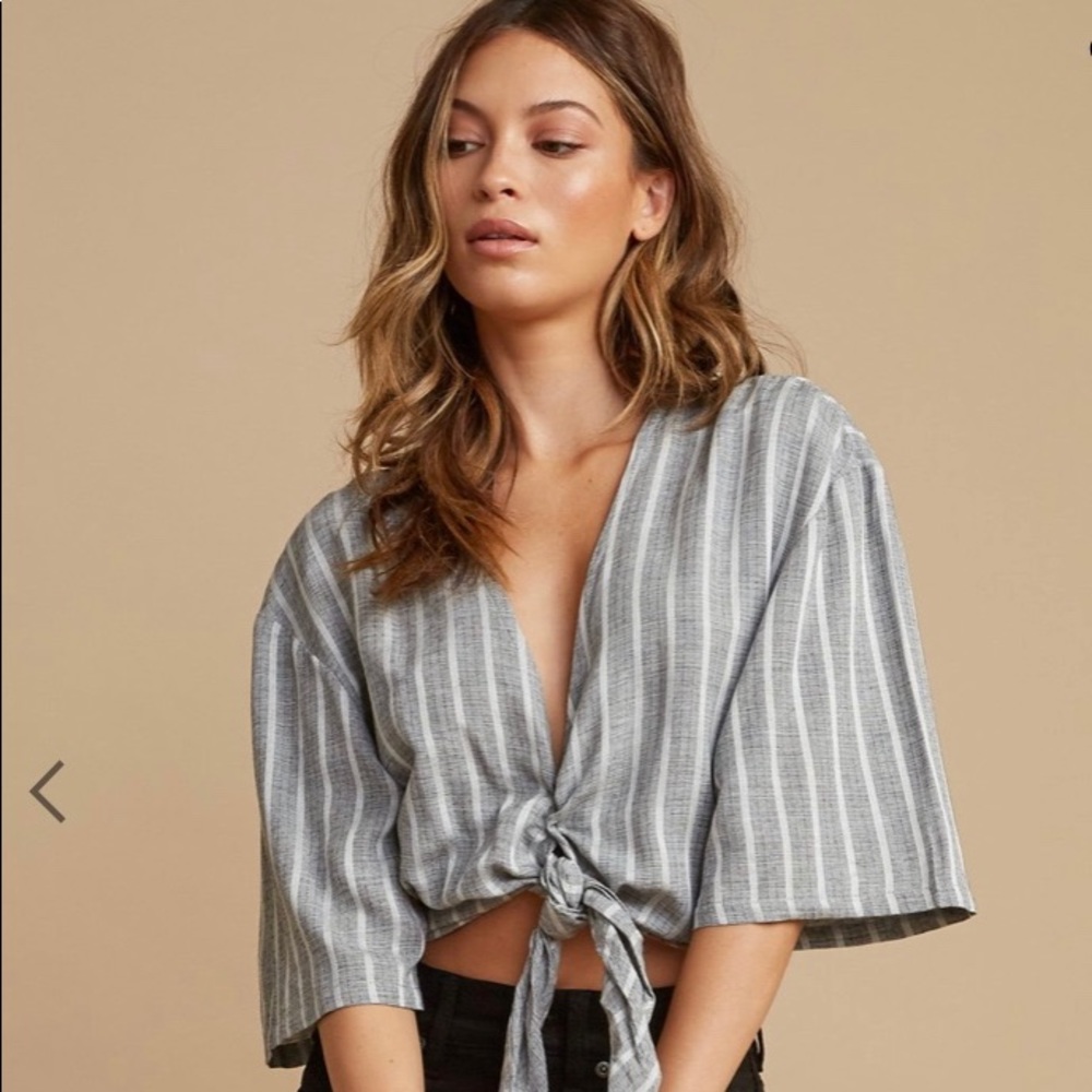 Rvca Waver Stripe Knot Top, Gray & White, NWT